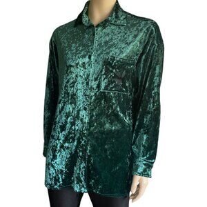 PLAYBOY Emerald Green Crushed Velvet Button Up Top S L